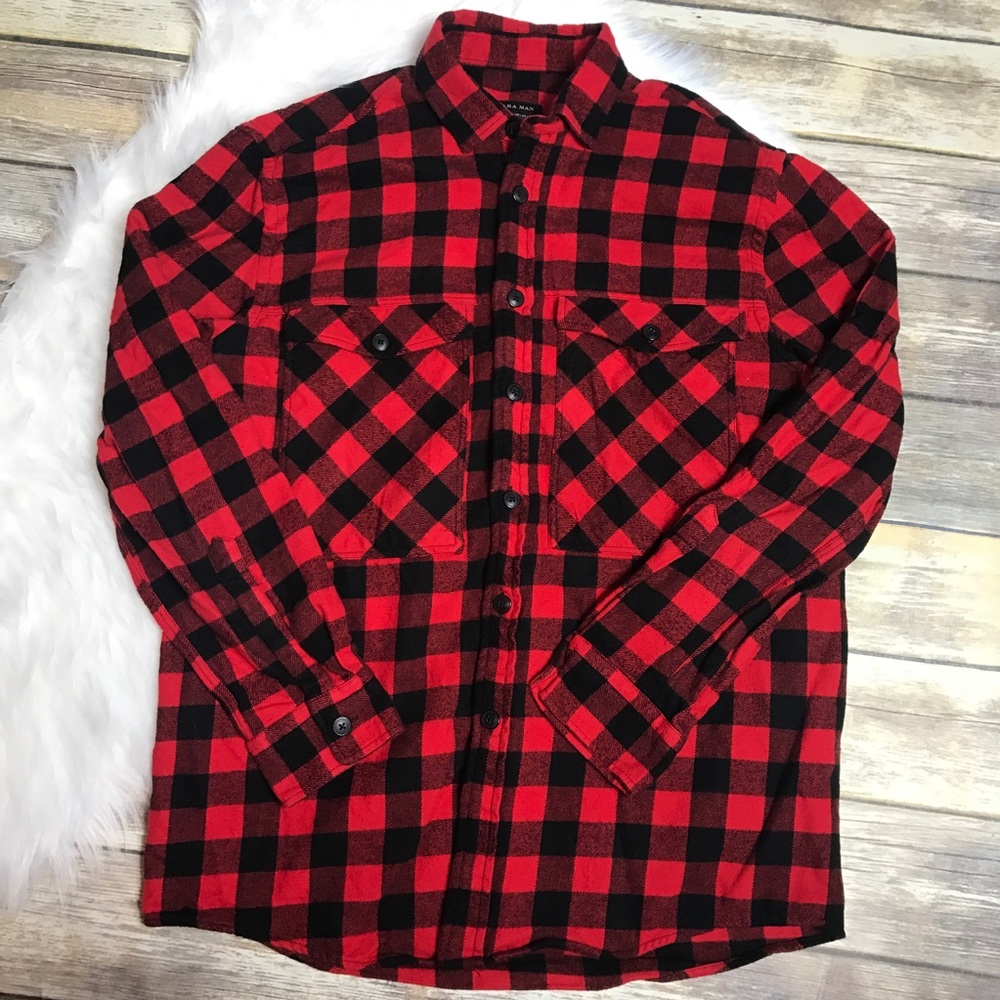 Zara Man Buffalo Check Button Down Shirt Sz L